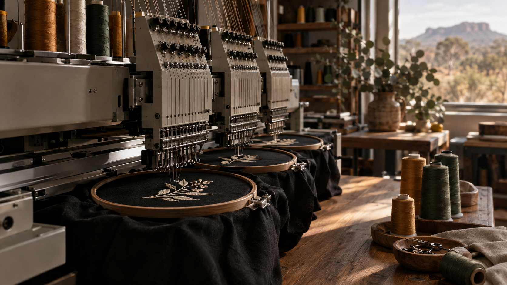 Multi-head embroidery machine stitching cream thread onto dark fabric, with spools of ochre and eucalyptus thread nearby