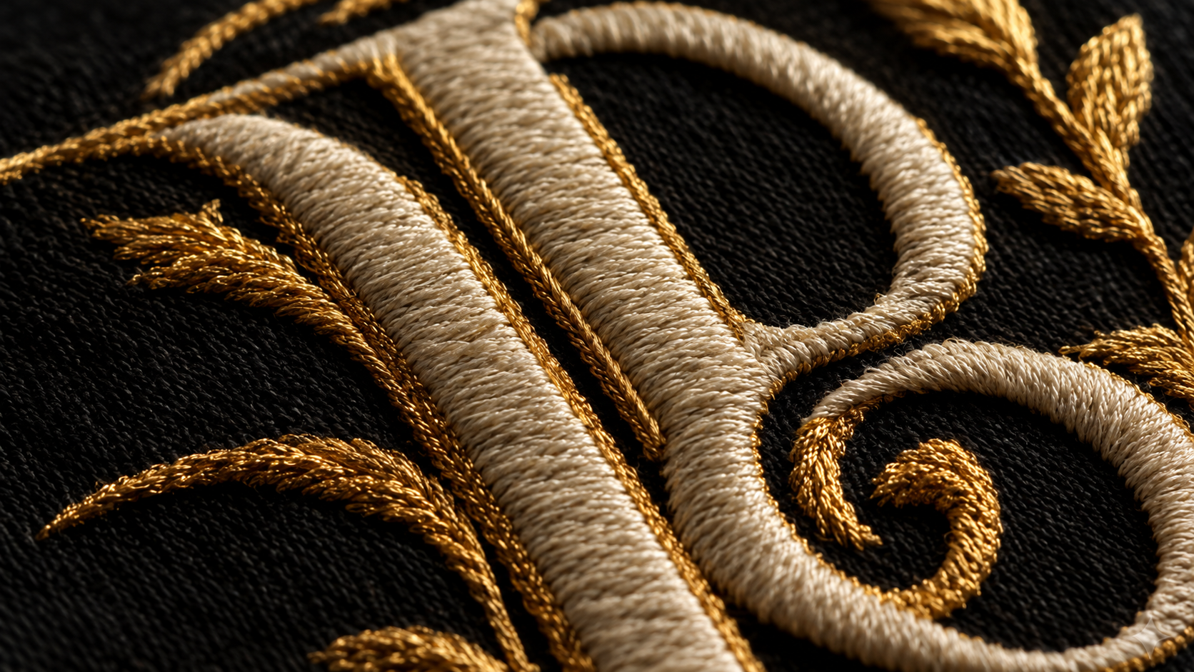 Macro view of raised gold and cream embroidery stitching on black fabric